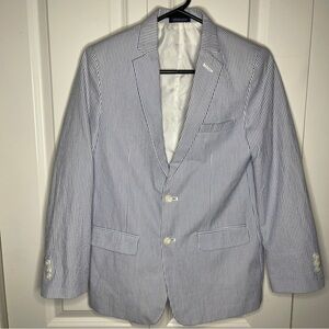 Izod Boys Size 16R Seersucker Blazer Blue White Striped 100% Cotton Lightweight